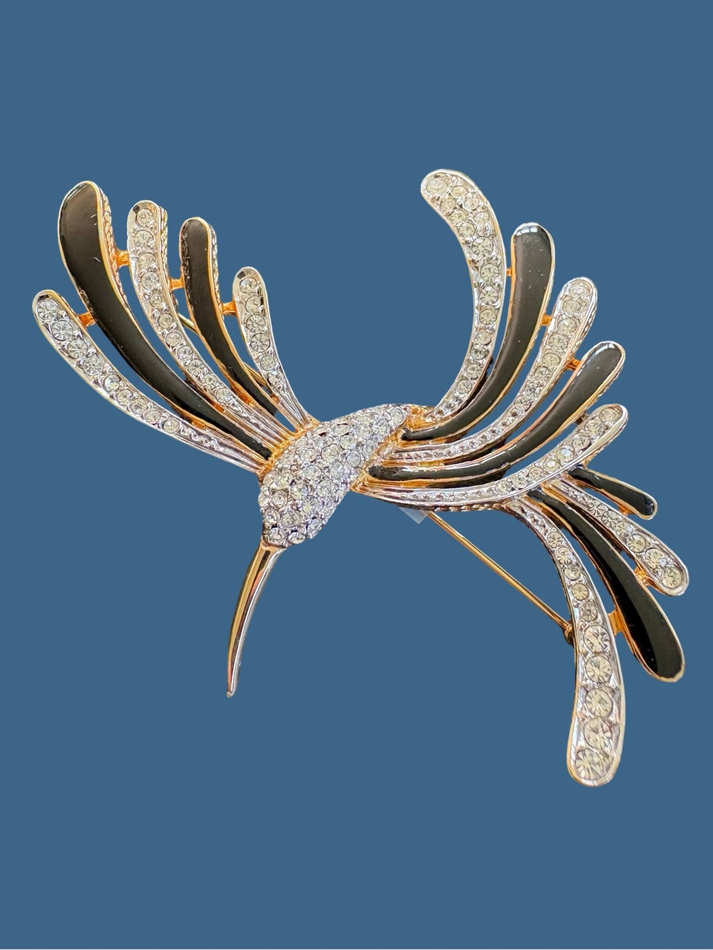 Vintage Puccini Gold-Tone Black Enamel & Crystal Bird Brooch  1970’s